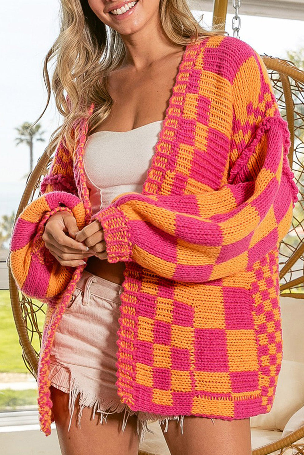 Taupe Colorblock Checked Open Front Knitted Cardigan