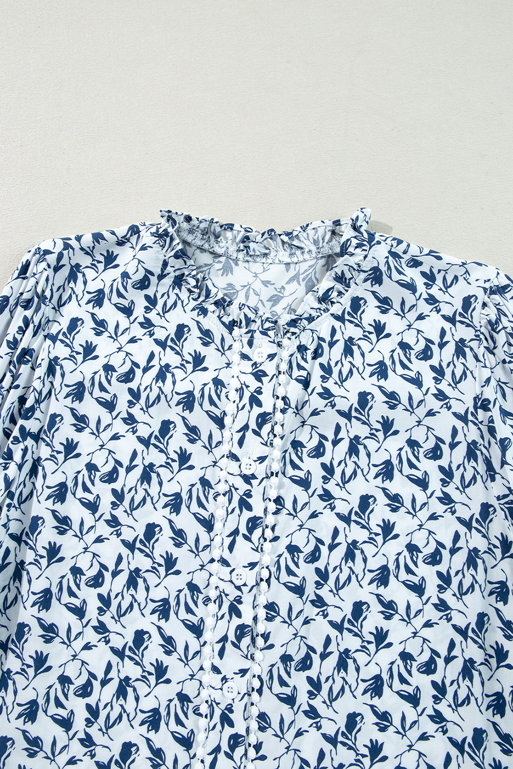 Khaki Printed Floral Print Lace Detail Puff Sleeve Fall Shirt