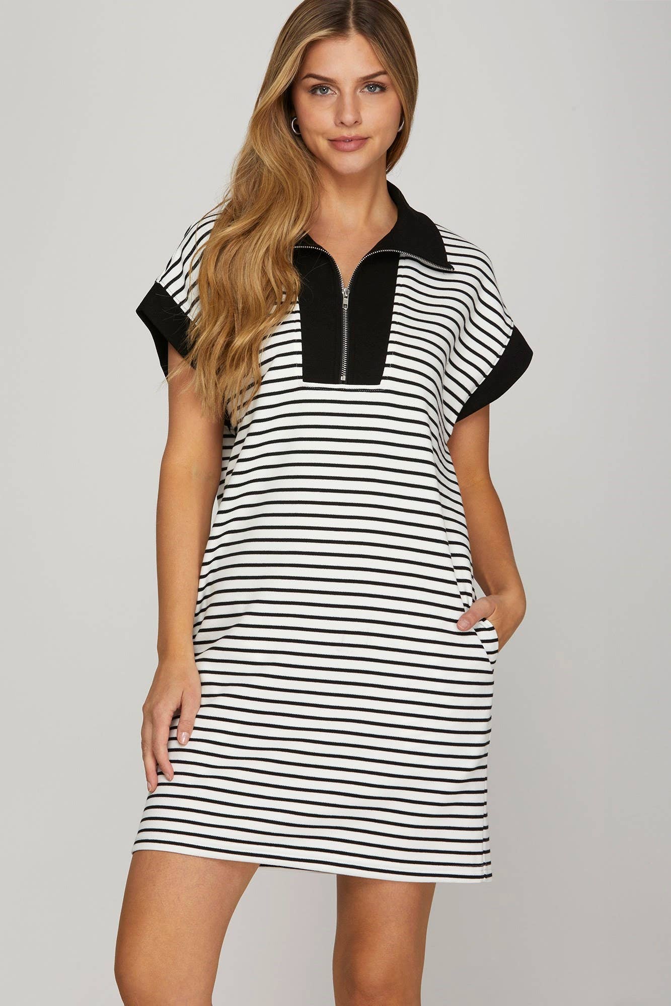 Half Zip Striped Knit Mini Dress