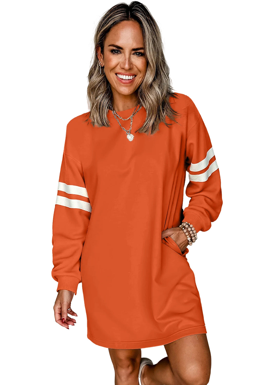 Fiery Red Preppy Striped Sleeve Loose Mini Dress