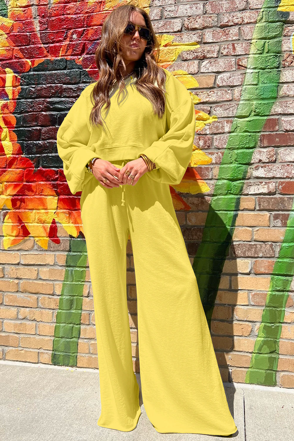 Light Pink Drop Shoulder Crop Pullover Drawstring Wide Leg Pants Set