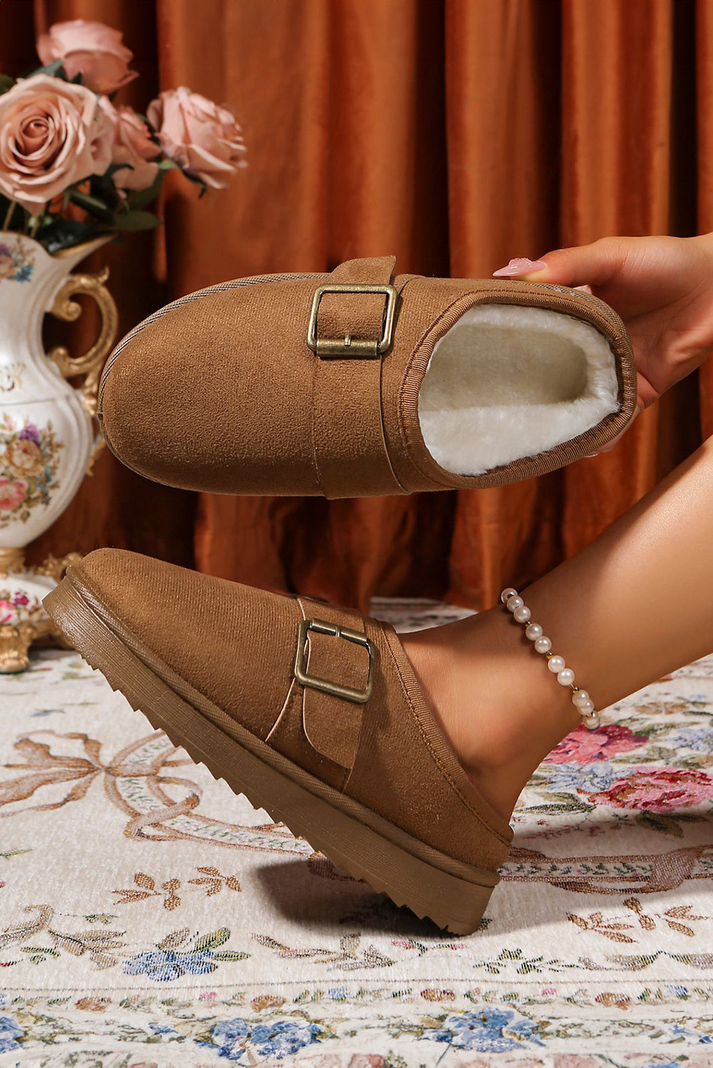 Black Faux Suede Buckle Strap Detail Winter Clog Slippers