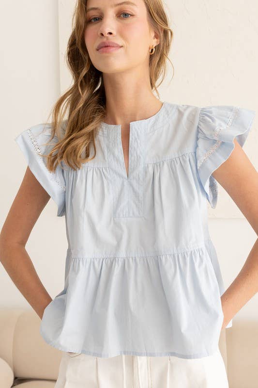 Flutter Sleeve Top with Delicate Embroidery