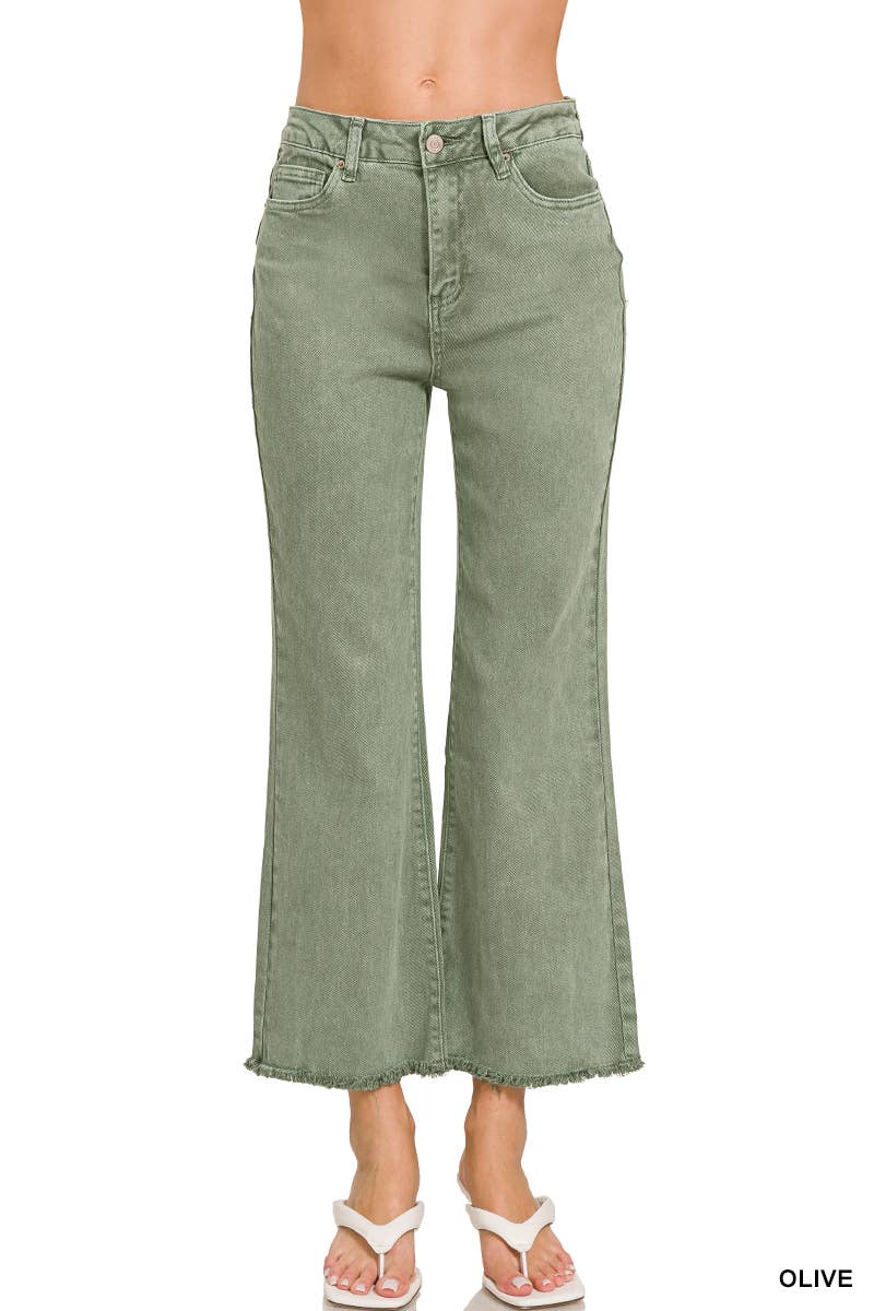 Zenana Acid Washed High Waist Frayed Hem Bootcut Pants: SAND BEIGE