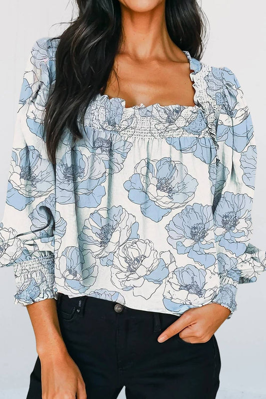 Sassy Floral Frilly Smocked Long Sleeve Blouse
