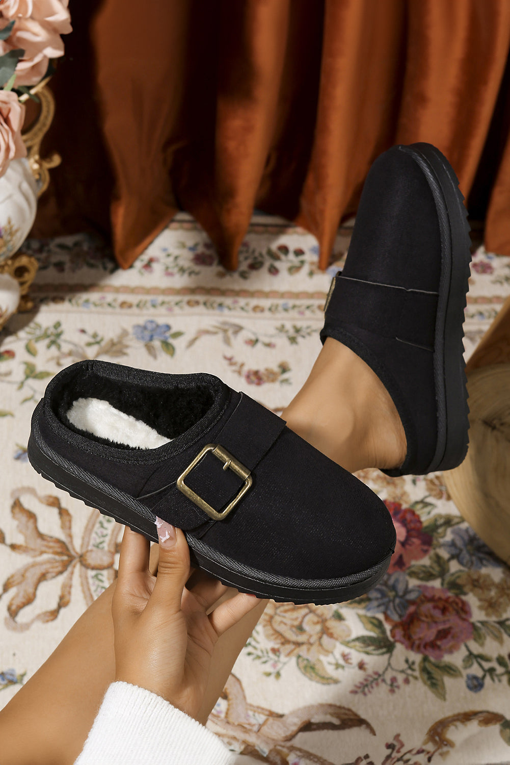 Black Faux Suede Buckle Strap Detail Winter Clog Slippers