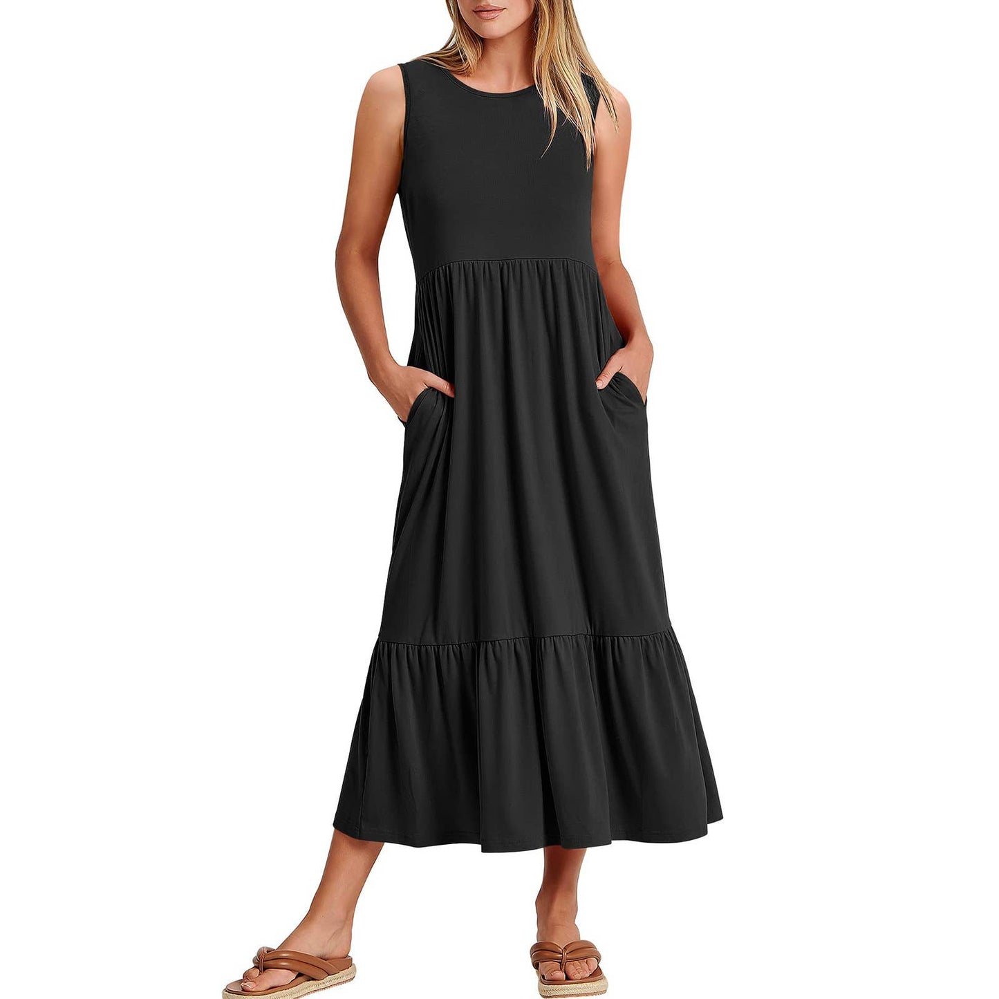 Ladies Sleeveless Simple Midi Dress, Pockets