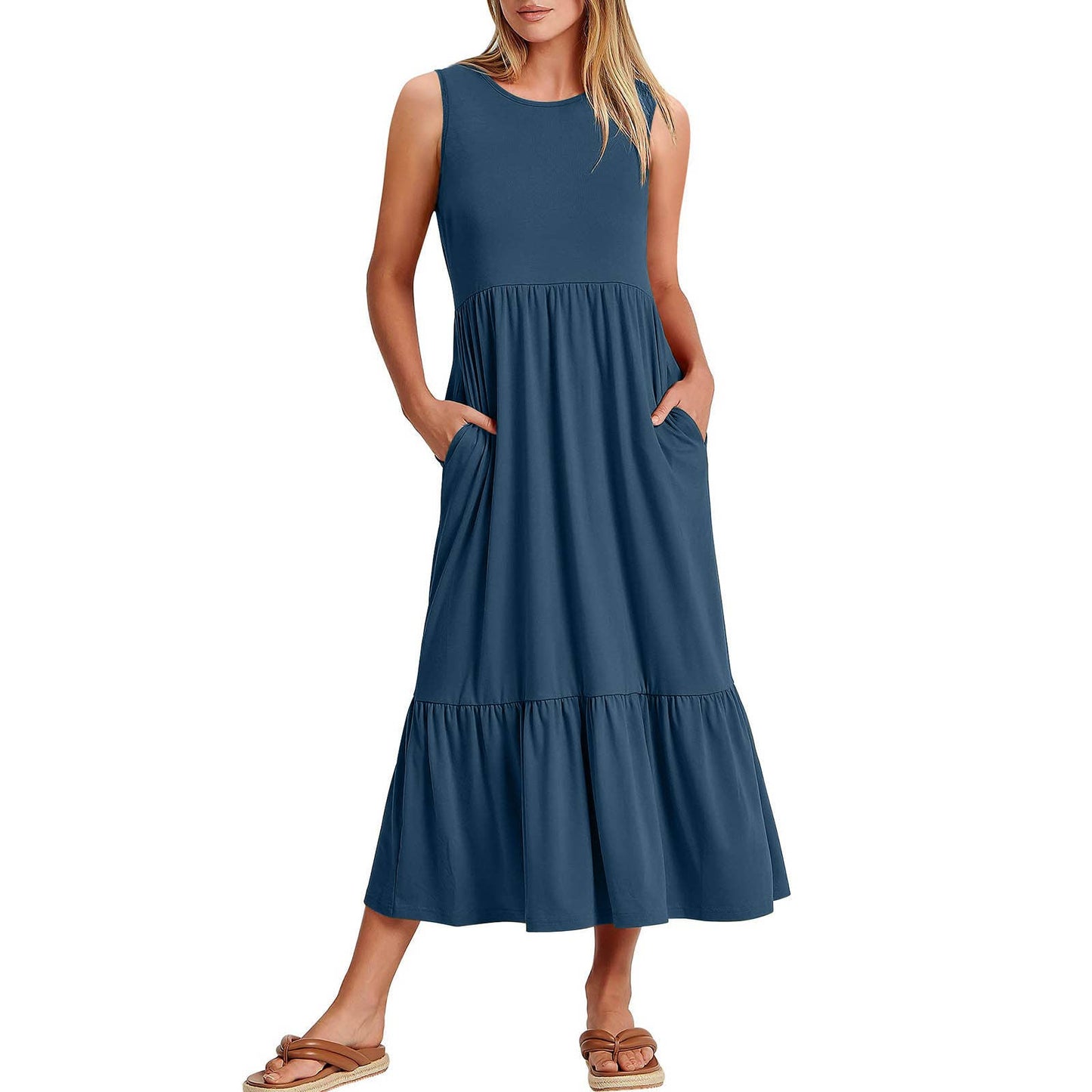 Ladies Sleeveless Simple Midi Dress, Pockets