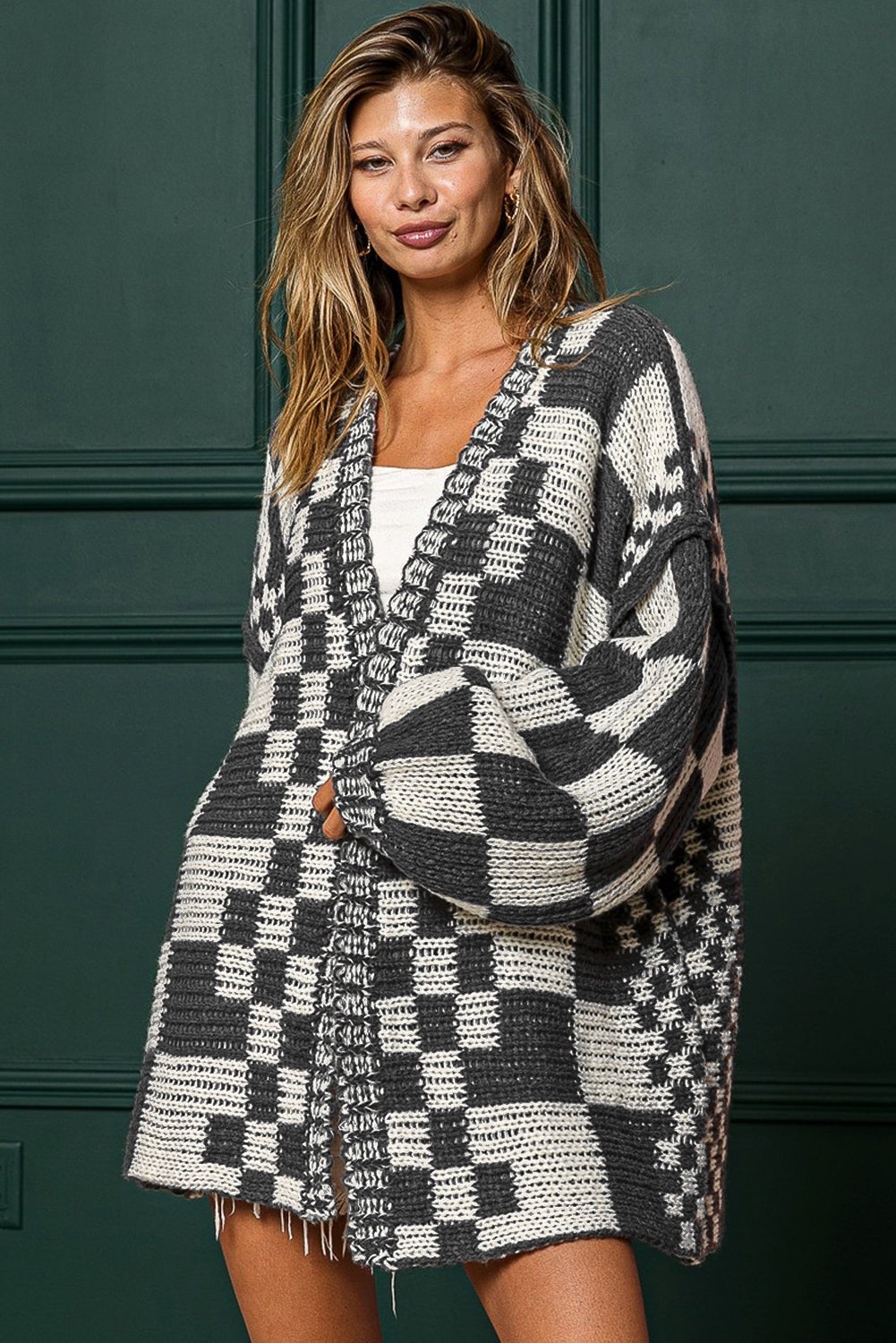 Taupe Colorblock Checked Open Front Knitted Cardigan