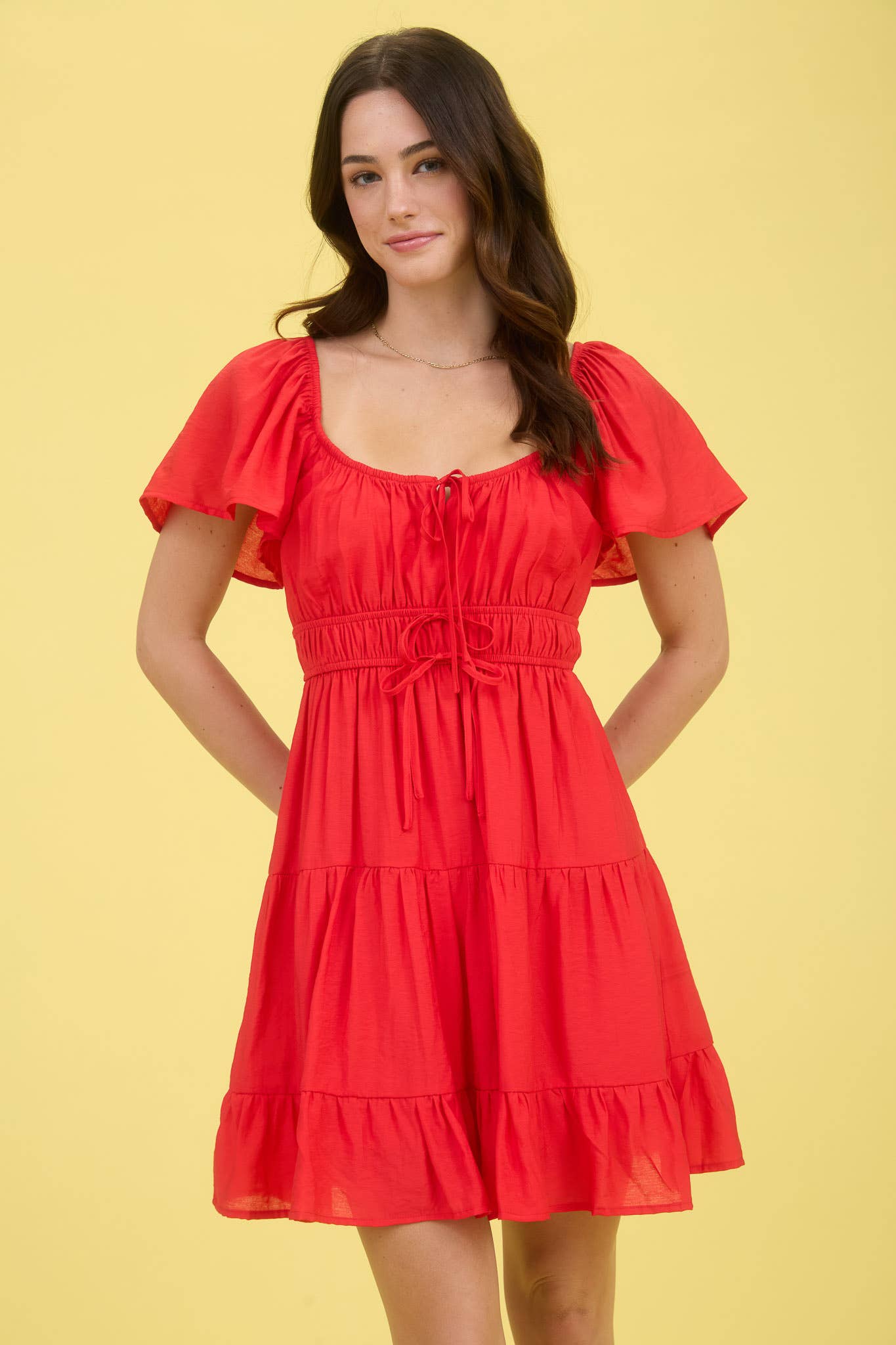 Front Tie Strap Short Sleeve Tiered Mini Dress