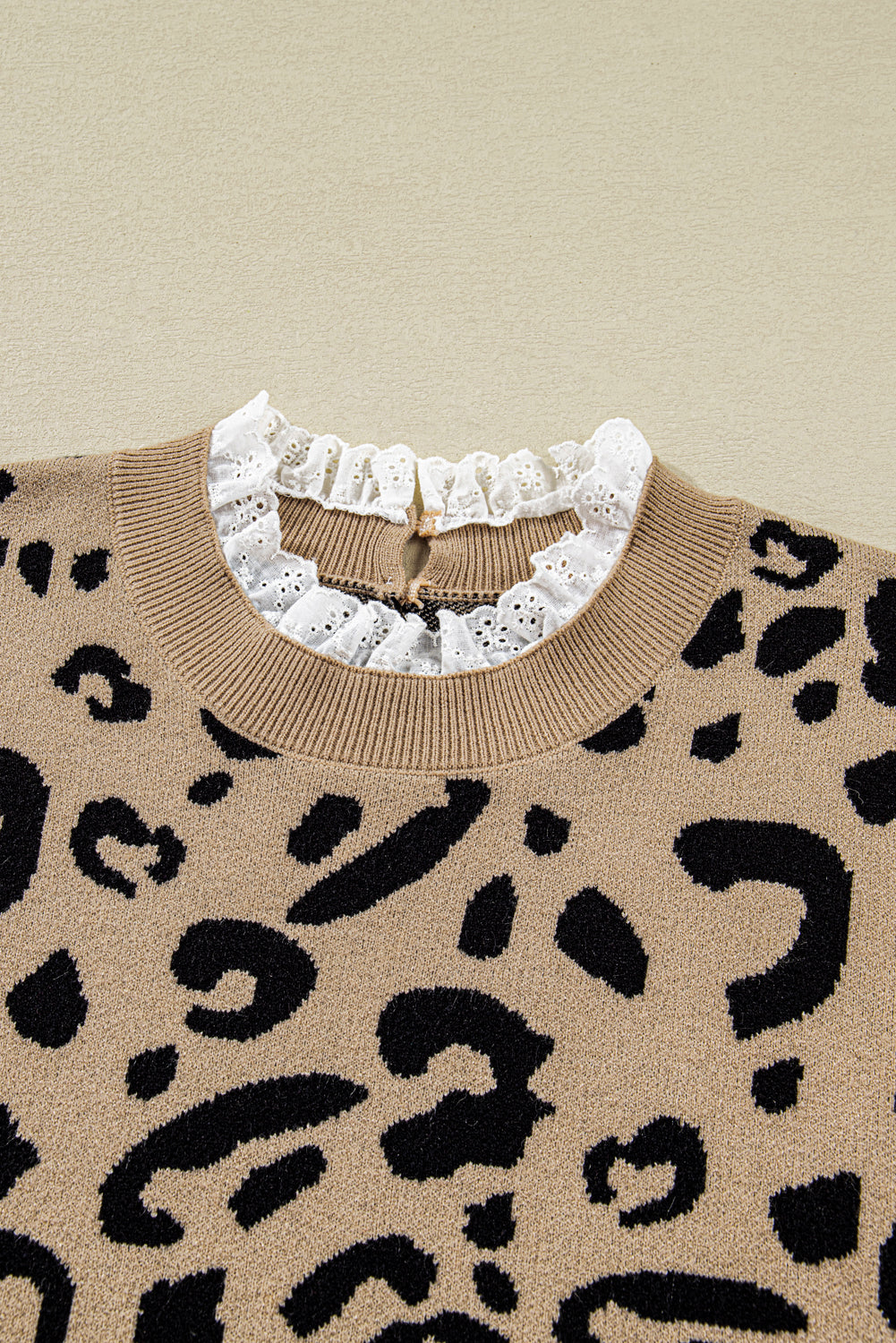 Brown Leopard Knitted Lace Trim Cuffed Plus Size Sweater