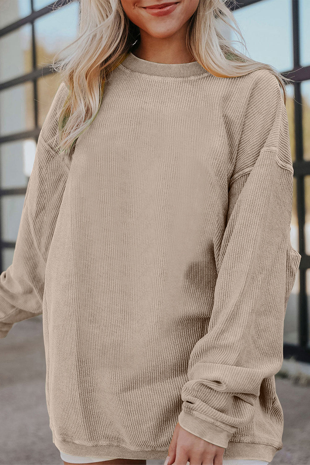 Apricot Drop Shoulder Crinkle Rib Oversized Sweatshirt