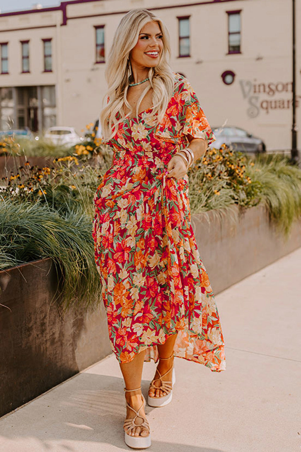 Orange Plus Size Floral V Neck Cinched Waist Maxi Dress