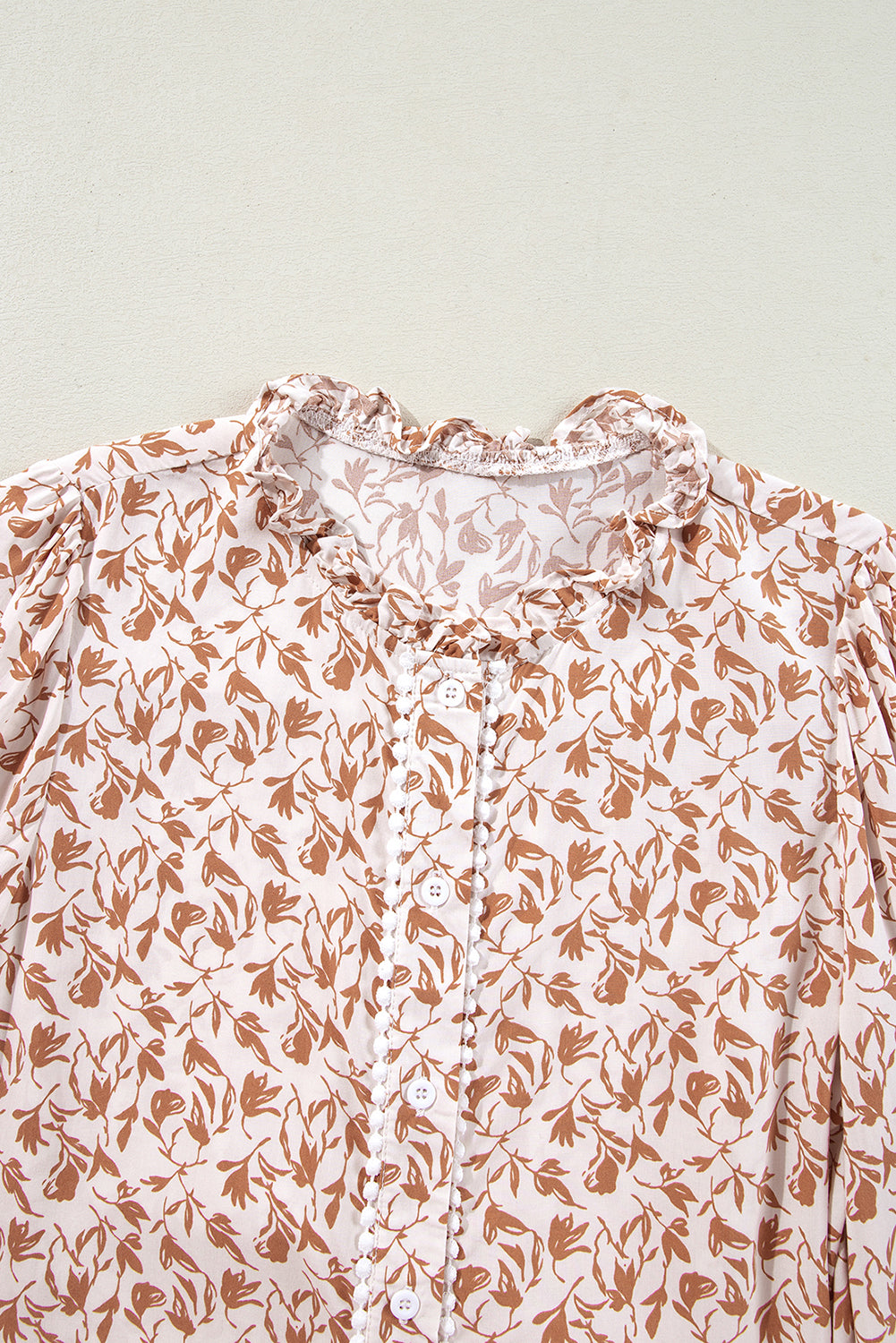 Khaki Printed Floral Print Lace Detail Puff Sleeve Fall Shirt
