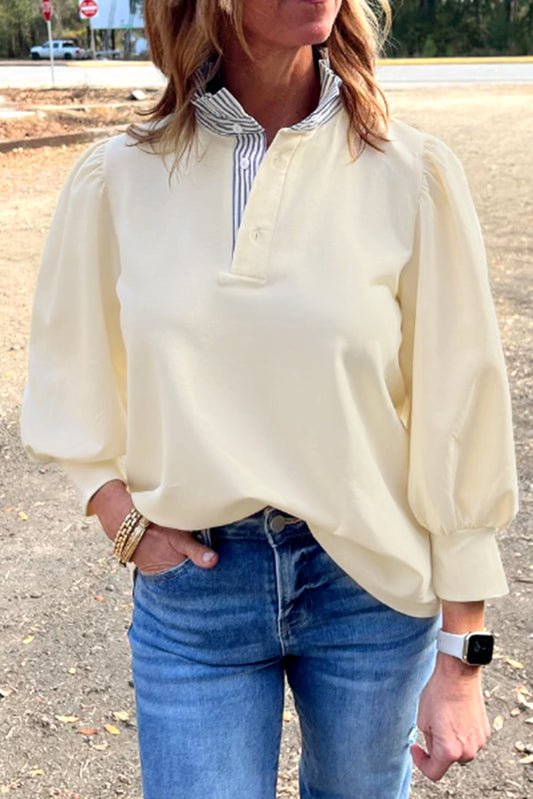 White Striped Ruffle Button Neck Pullover Sweatshirt