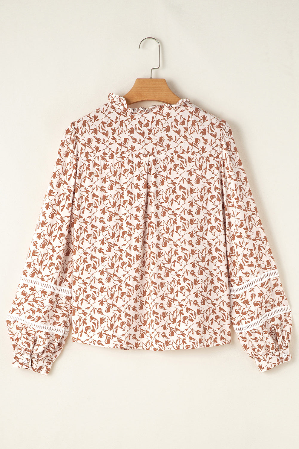 Khaki Printed Floral Print Lace Detail Puff Sleeve Fall Shirt