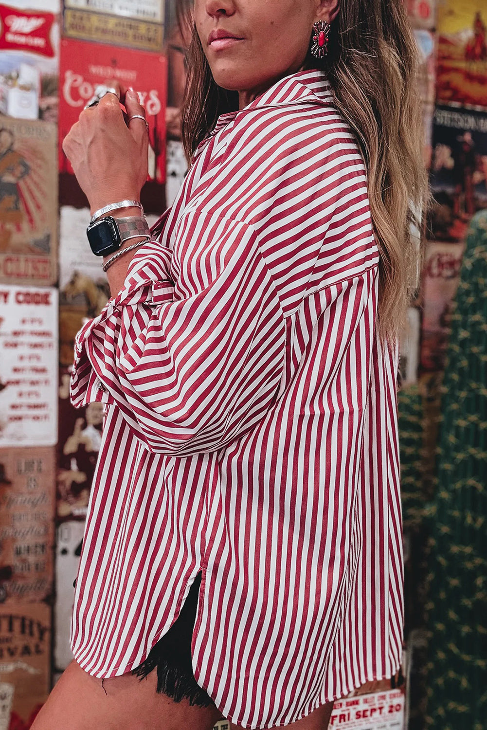 Red Striped Pocket Side Slit Loose Shirt Shacket