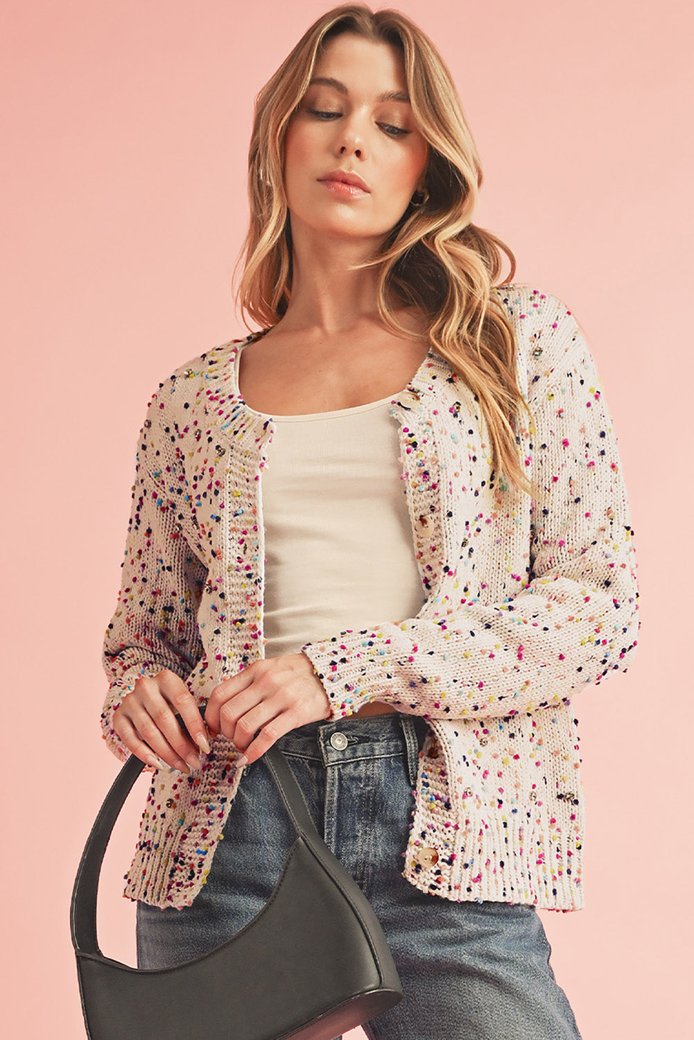 Apricot Confetti Knit Cropped Open Front Cardigan