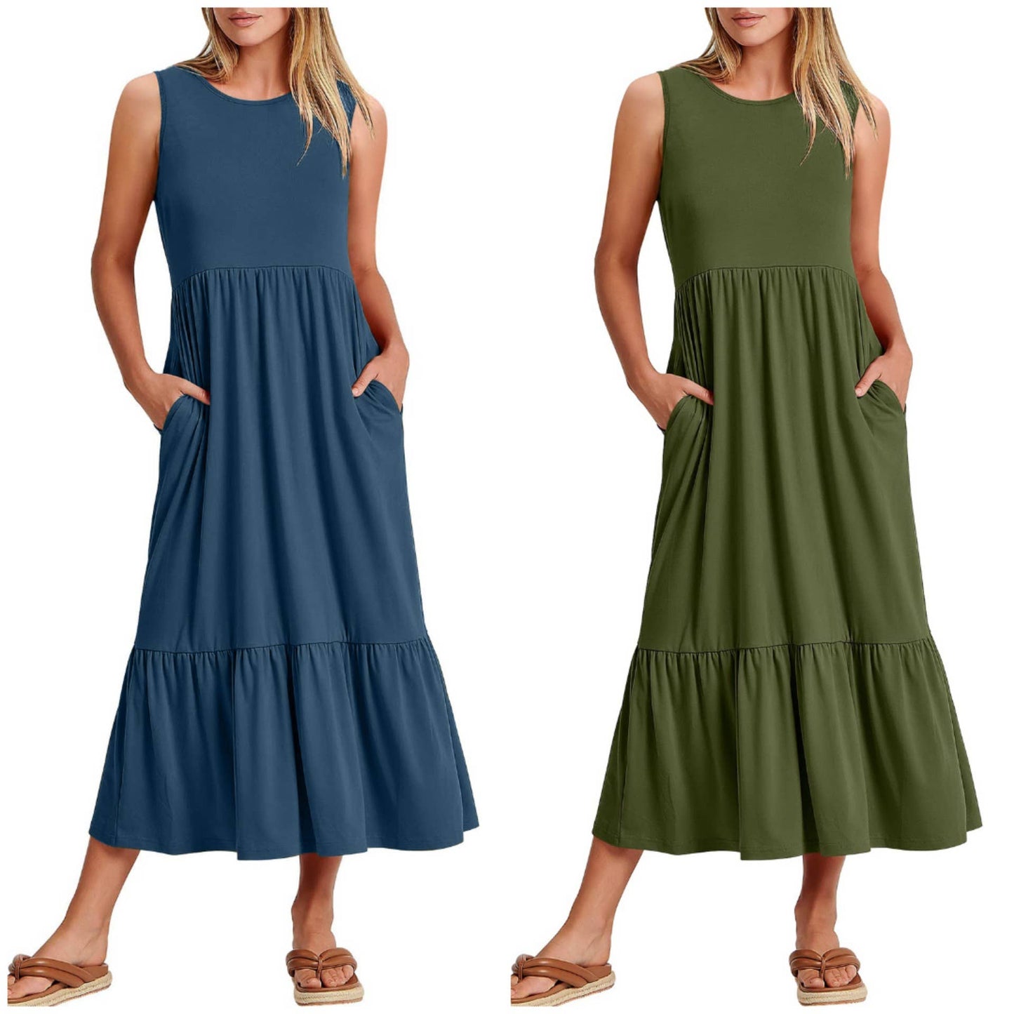 Ladies Sleeveless Simple Midi Dress, Pockets