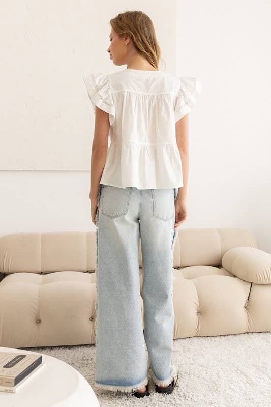 Flutter Sleeve Top with Delicate Embroidery