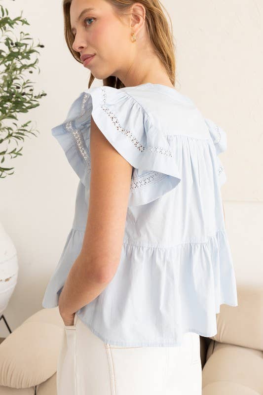 Flutter Sleeve Top with Delicate Embroidery