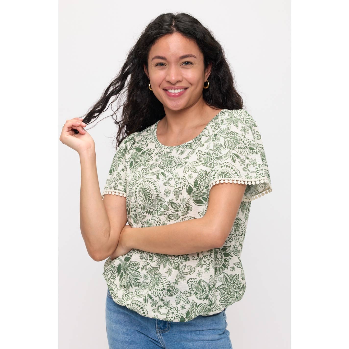 FLORAL KNIT GAUZE CROCHET FASHION TOP