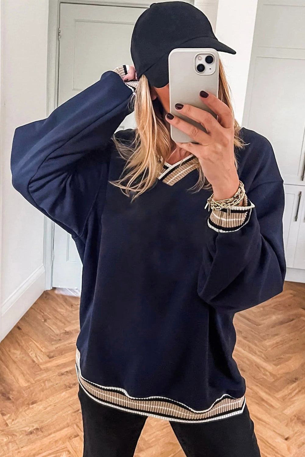 Parchment Varsity Contrast Trim V Neck Sweatshirt