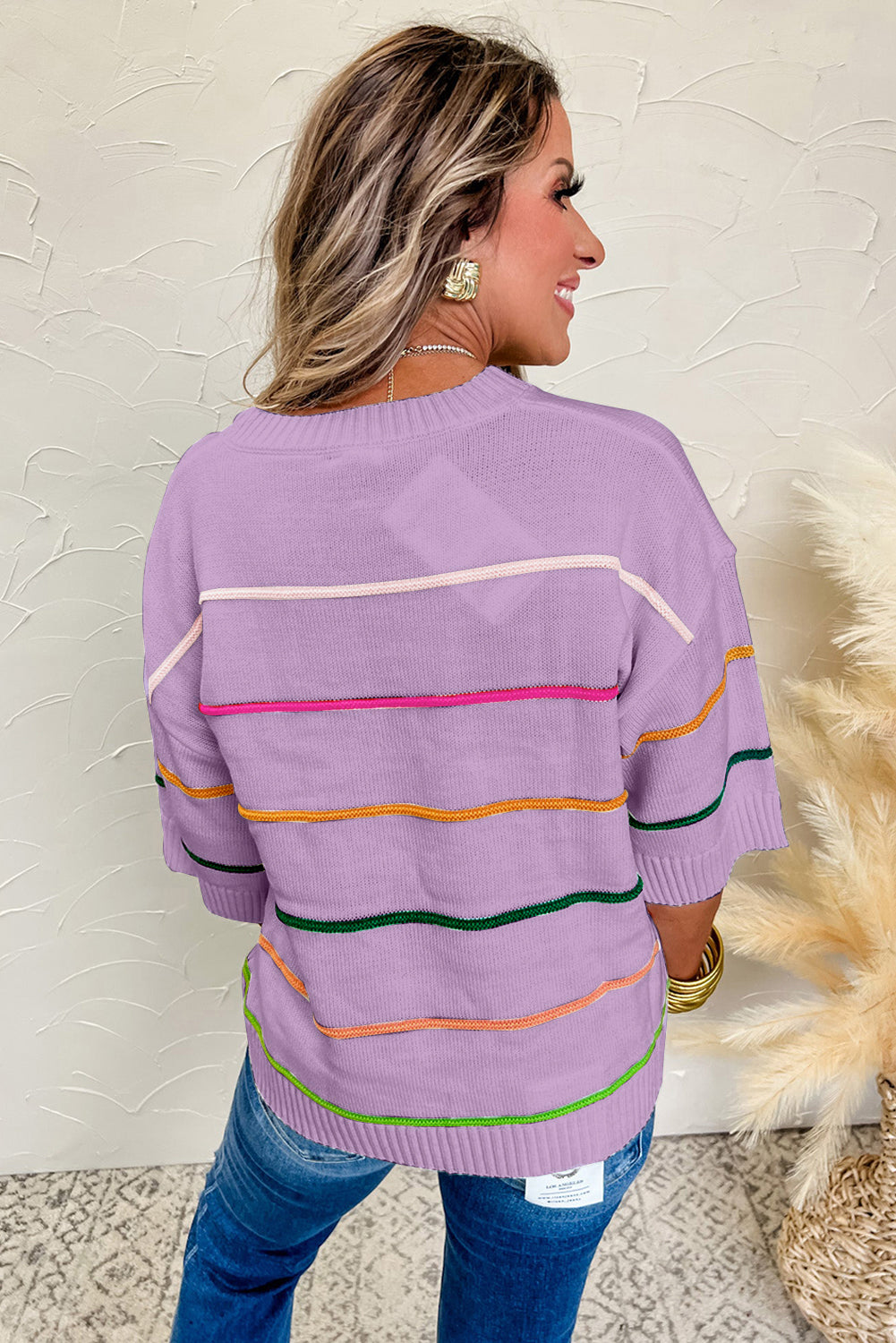 Orchid Petal Striped Half Sleeve Drop Shoulder Sweater