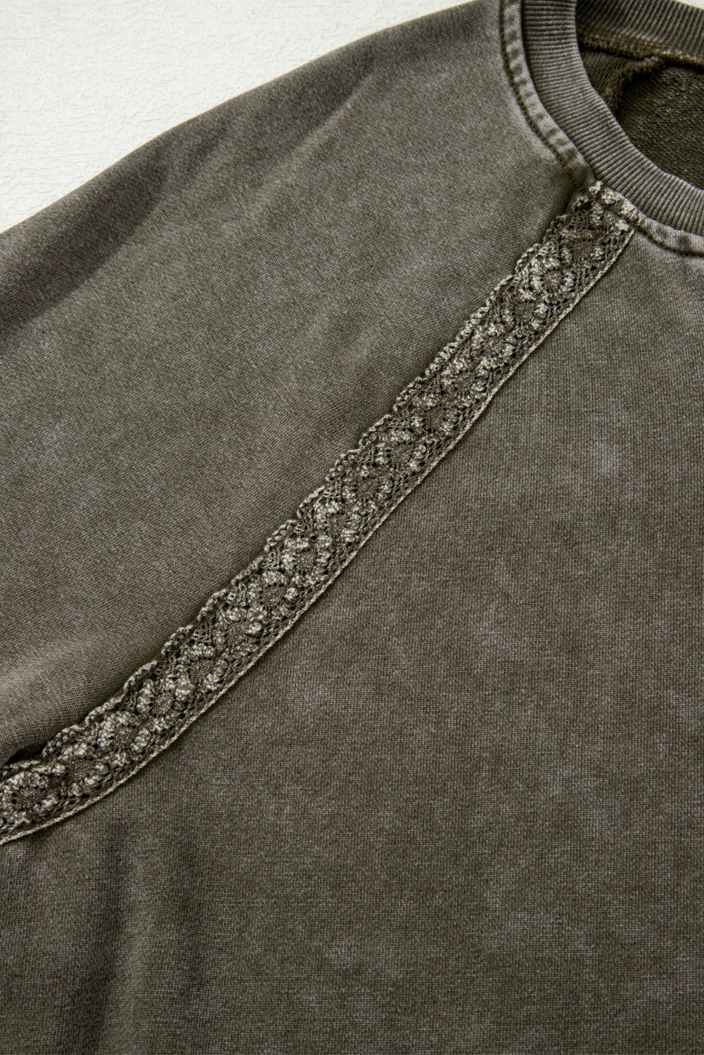 Rose Red Lace Applique Notched Neck Mineral Wash Baggy Sweatshirt