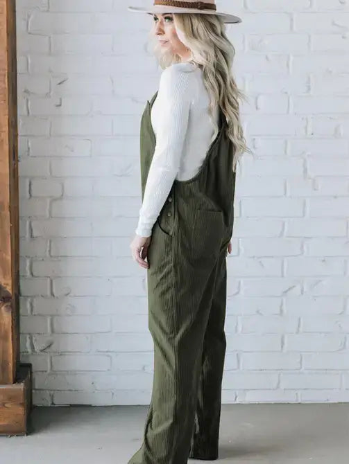 Solid Pocketed Corduroy Overalls for Everyday Wear