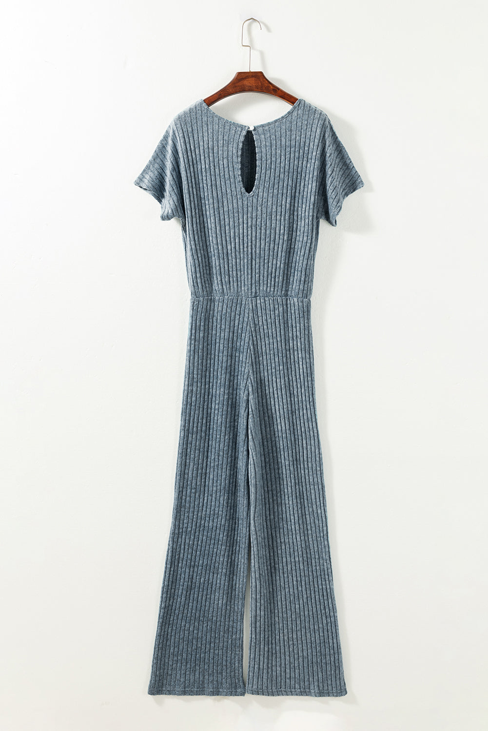 Black Ribbed Keyhole Short Sleeve Wide Leg Jumpsuit