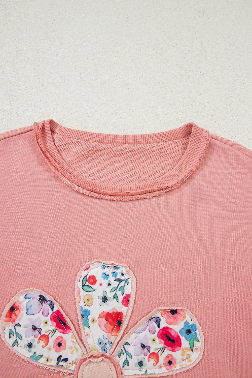 Pale Khaki Flower Applique Patchwork Drop Sleeve Pullover Sweatshirt