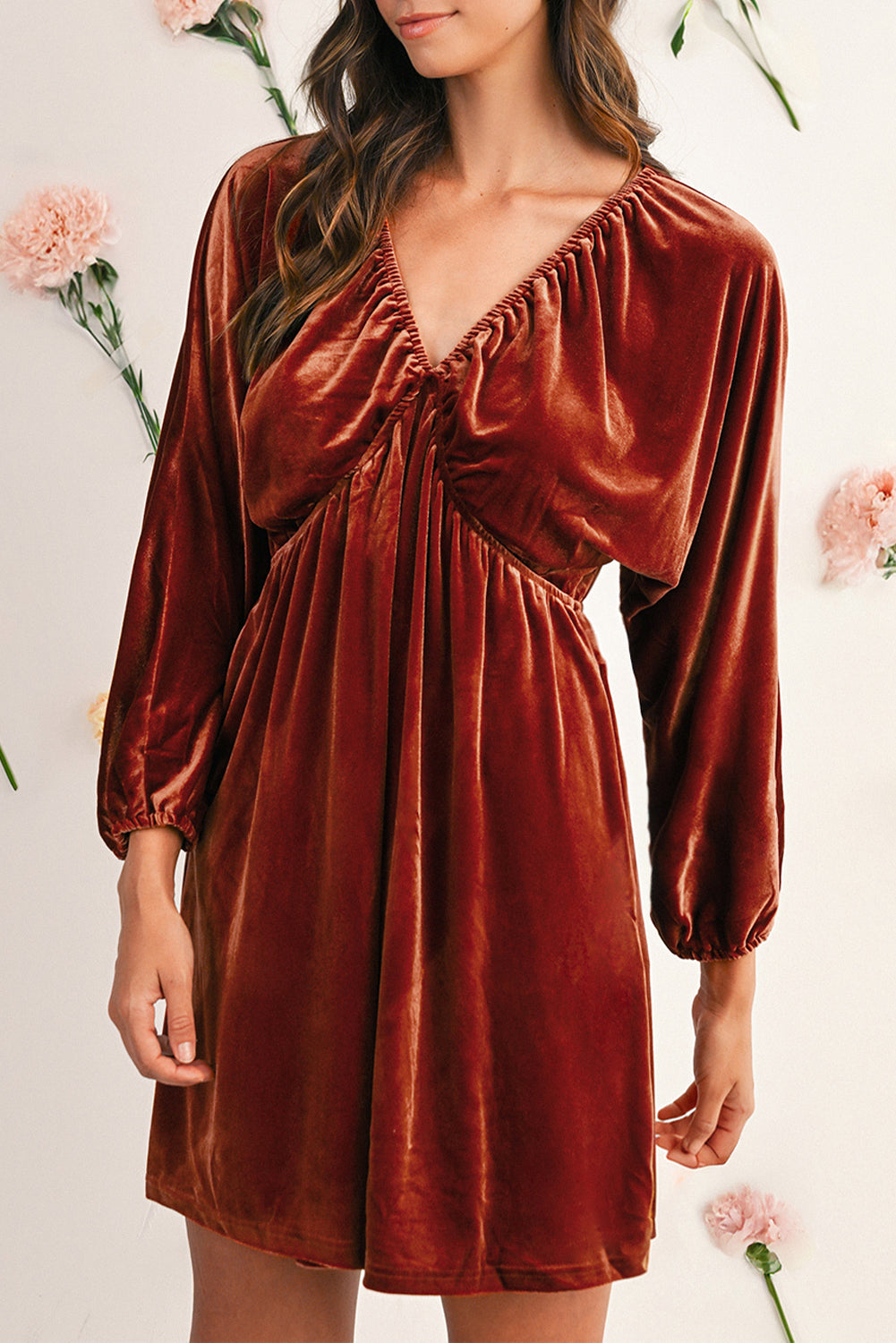 Clay Elastic V Neck Puff Sleeve Flowy Velvet Dress  Magnolia Threads