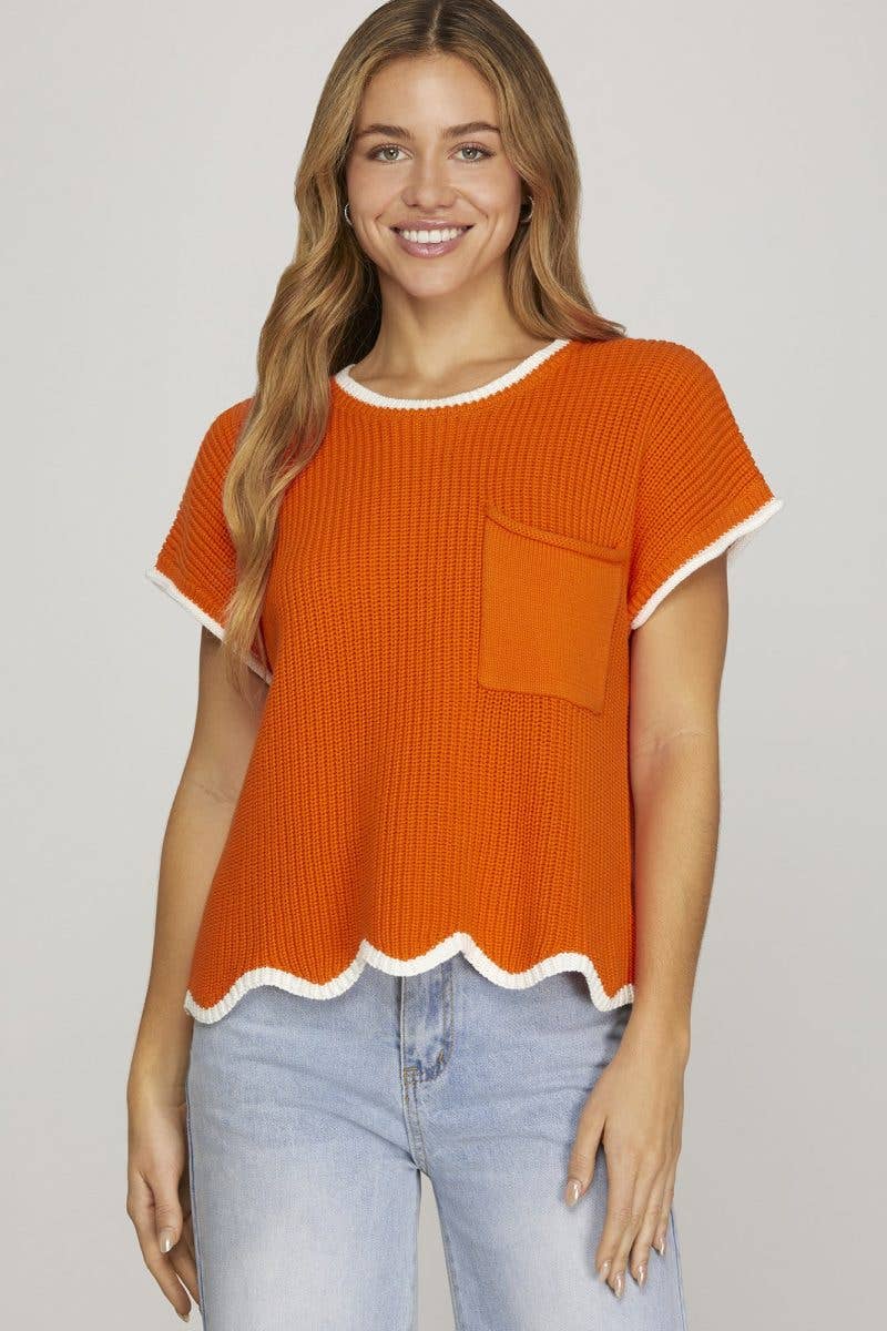 Drop Shoulder Short Sleeve Scallop Hem Sweater