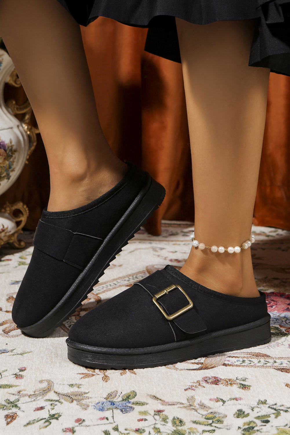 Black Faux Suede Buckle Strap Detail Winter Clog Slippers