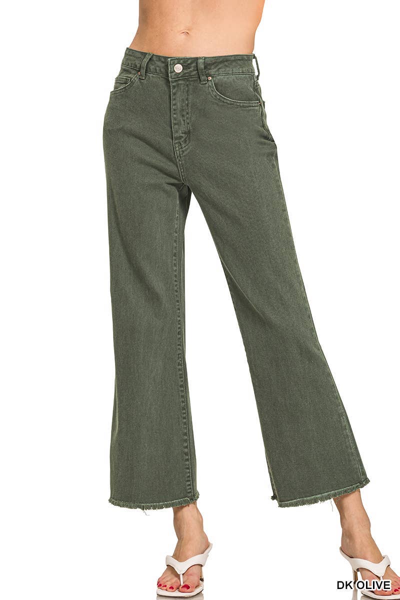 Zenana Acid Washed High Waist Frayed Hem Bootcut Pants: SAND BEIGE