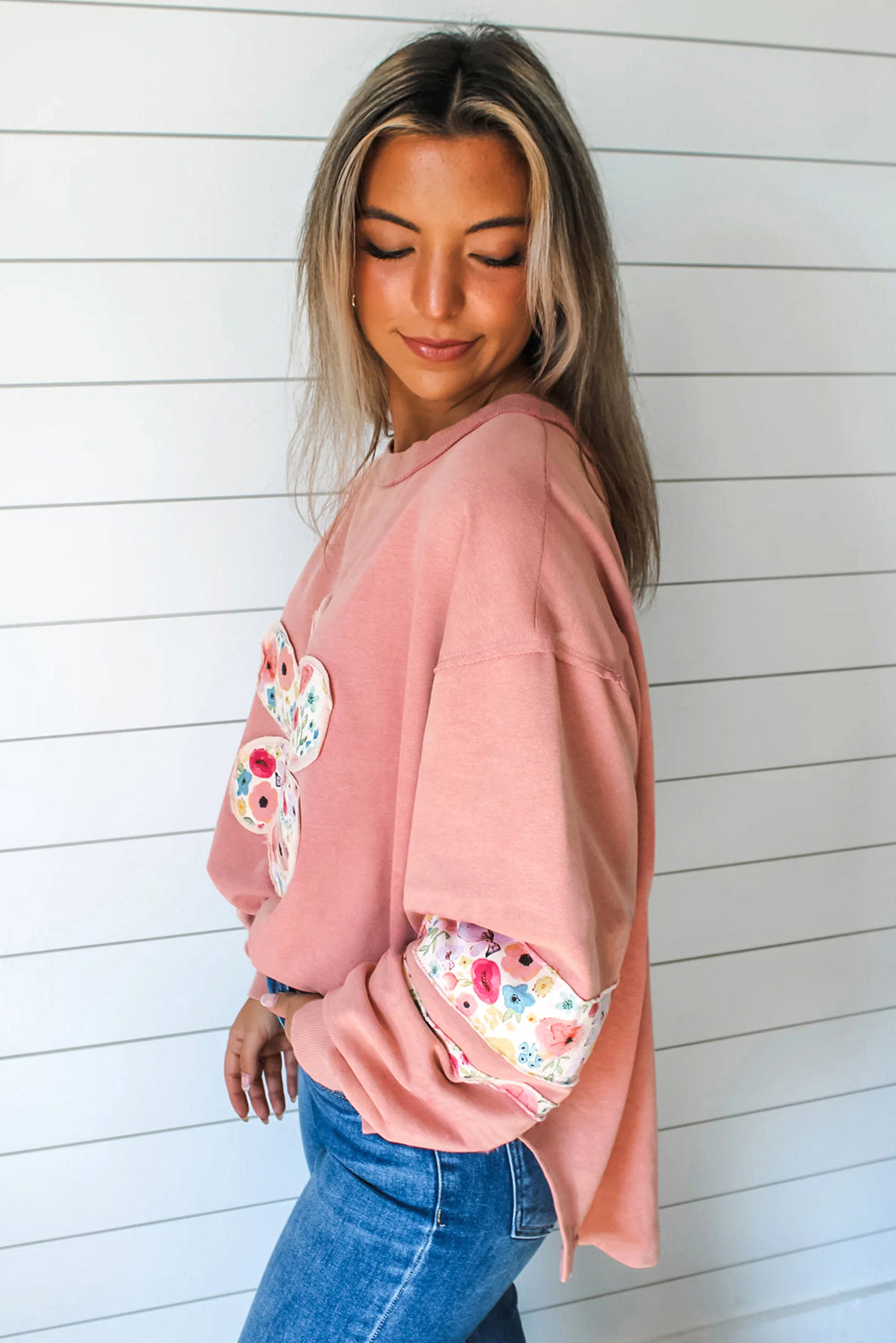 Pale Khaki Flower Applique Patchwork Drop Sleeve Pullover Sweatshirt