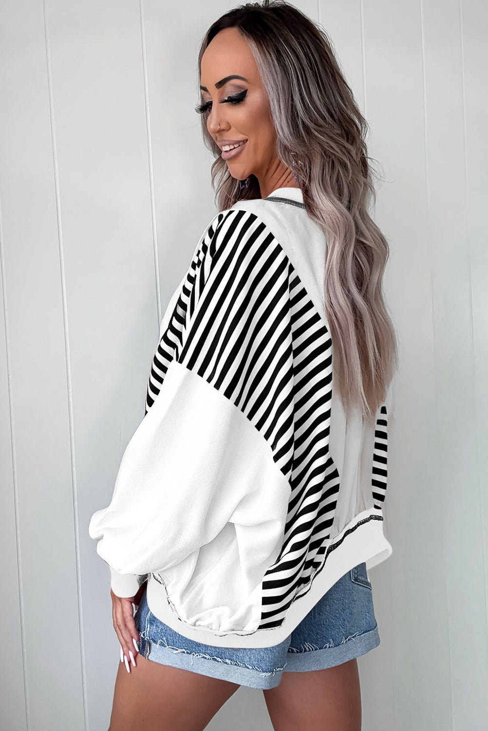 Red Striped Colorblock Patchwork Oversized Sweatshirt