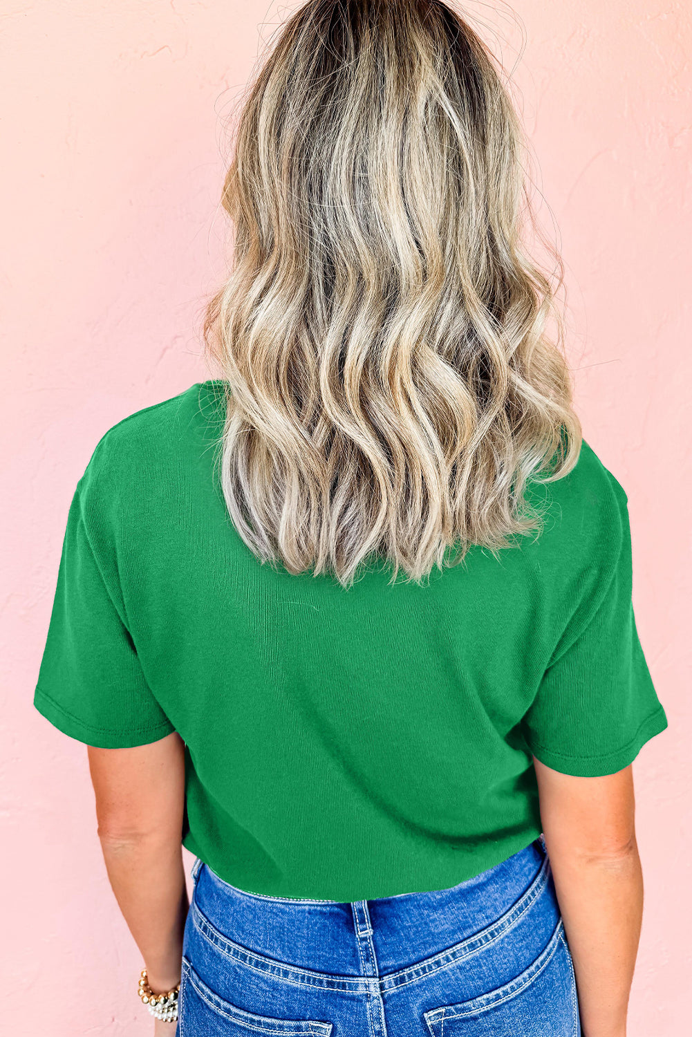 Bright Green merry Letter Sequins Patch Cotton Blend Tee