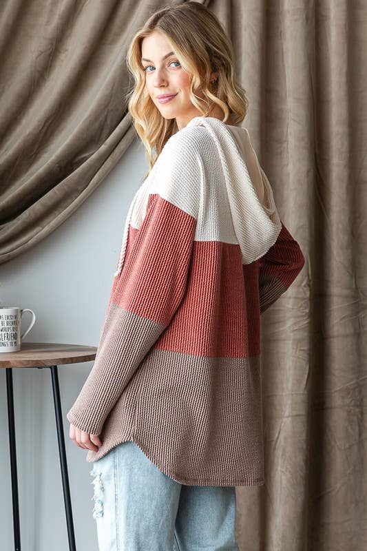 V-Neck Ribbed Drawstring Hoodie
