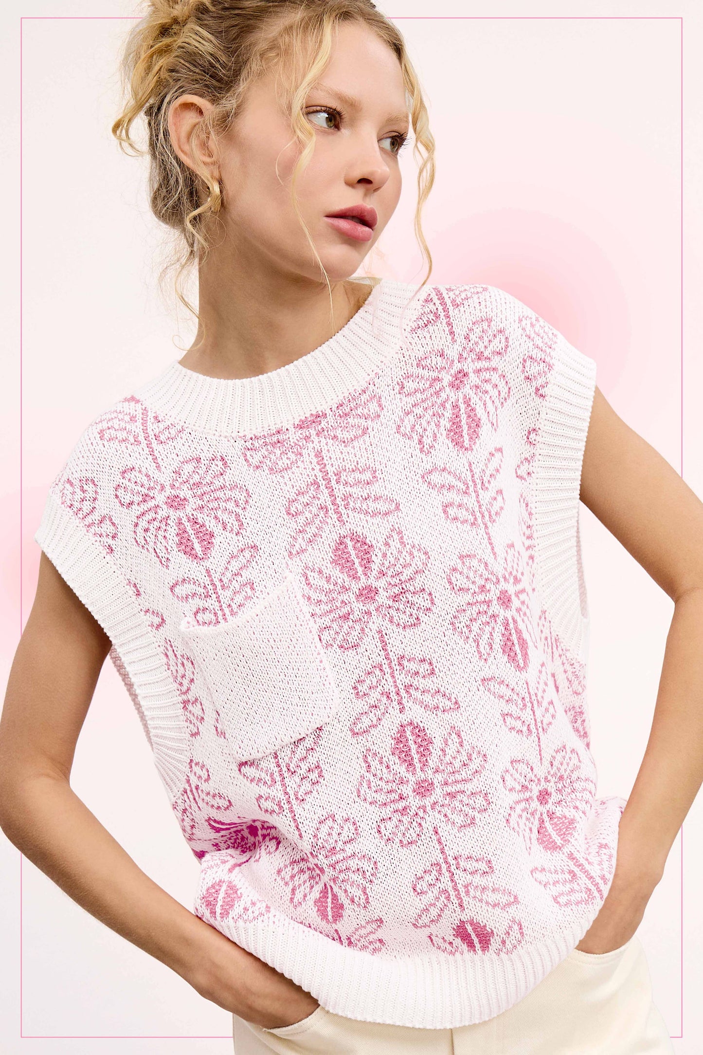 Floral Pattern Sleeveless Sweater Vest Top
