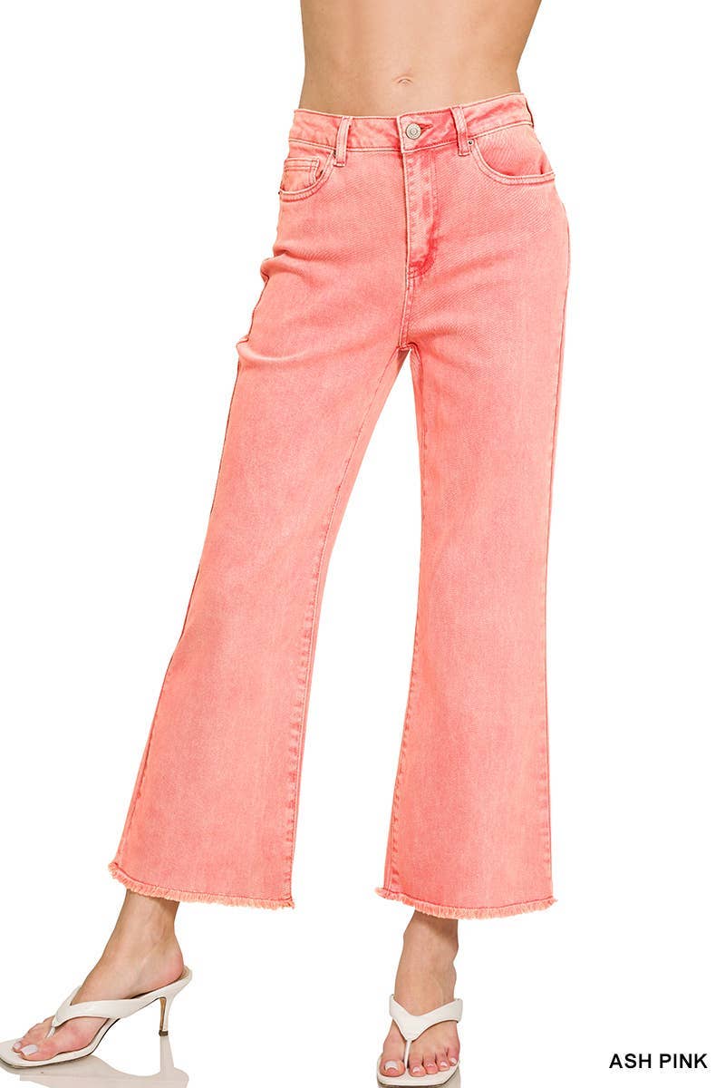 Zenana Acid Washed High Waist Frayed Hem Bootcut Pants: SAND BEIGE