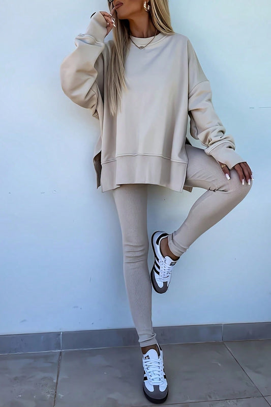 Jet Stream Solid Color Oversize Slit Sweatshirt Ribbed Leggings Set
