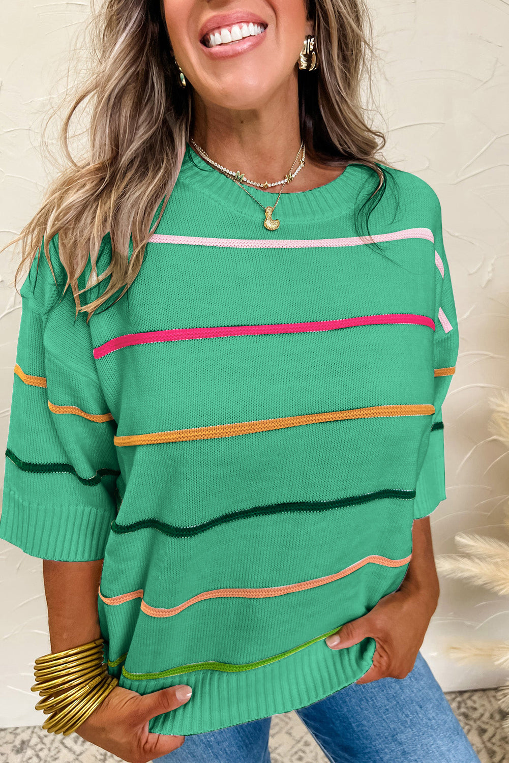 Orchid Petal Striped Half Sleeve Drop Shoulder Sweater