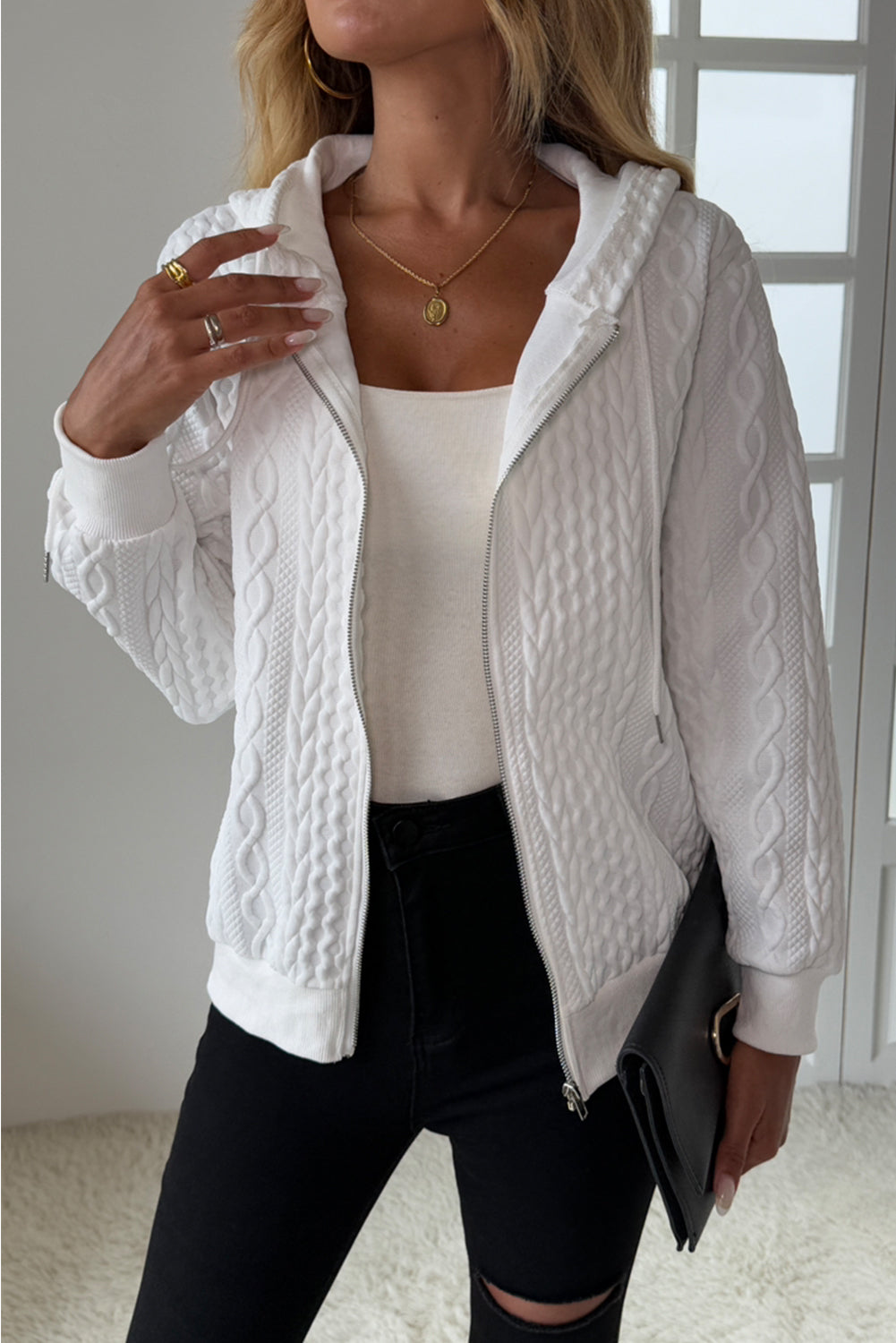 White Plain Jacquard Zipper Hoodie