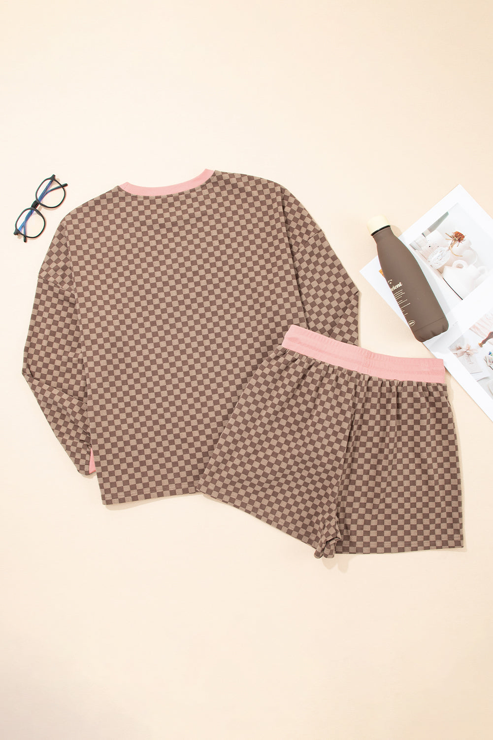Brown Checkerboard Contrast Trim Long Sleeve Pullover and Shorts Set