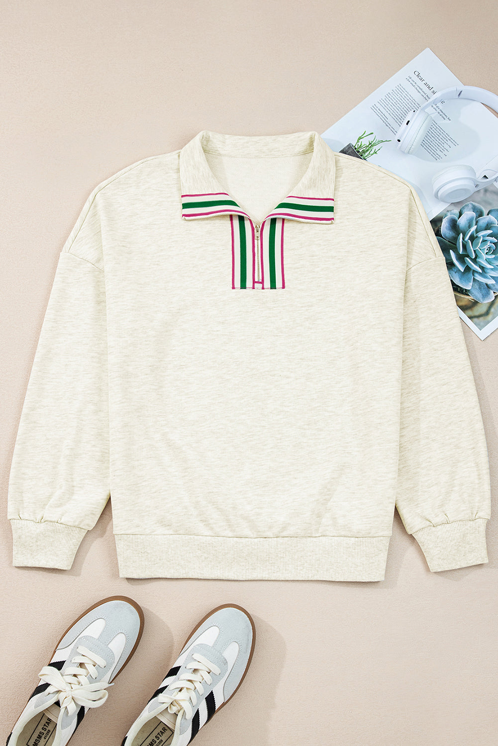 Vineyard Green Pop of Color Collared Patchwork Pullover Sweatshirt