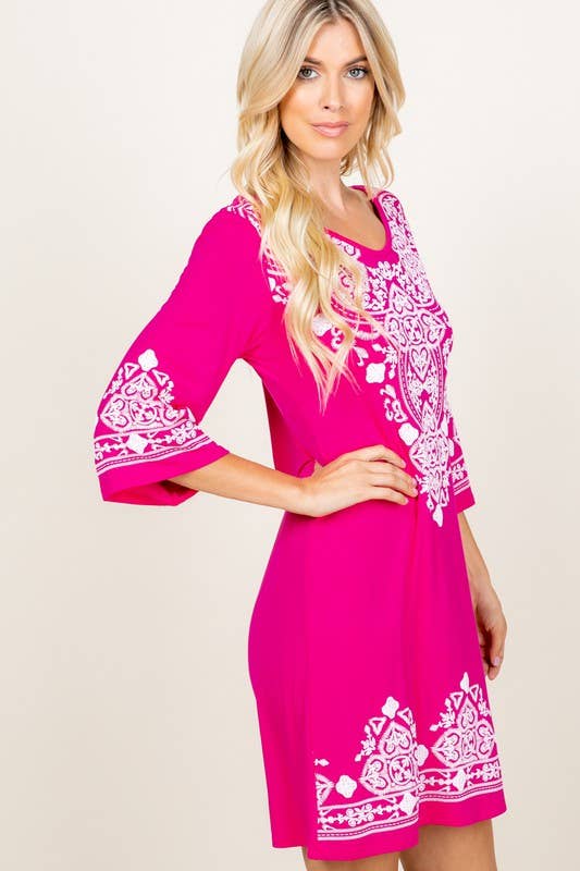 Hemish Damask Print Dress: 3/4 Sleeve