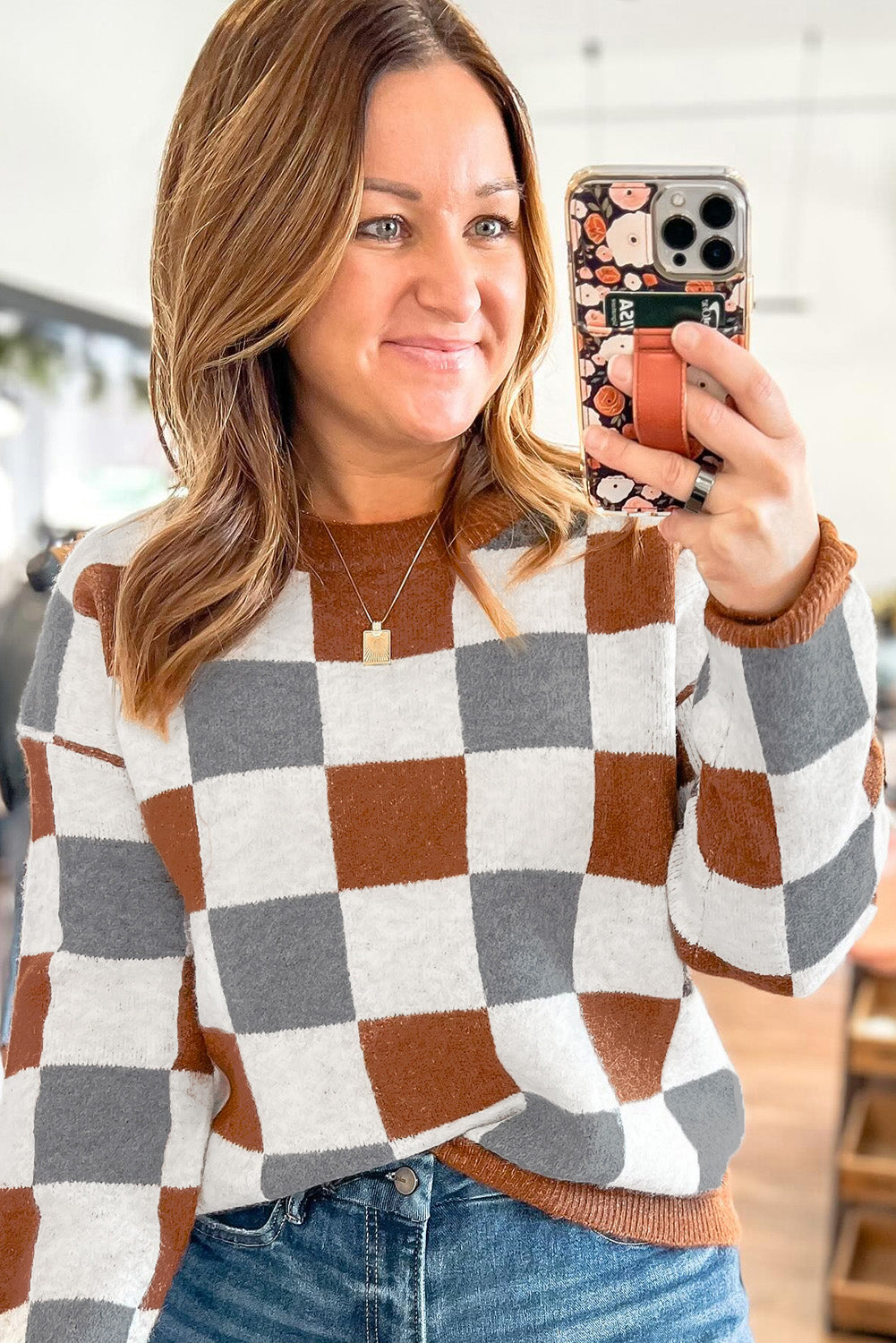 Brown Colorblock Checkered Drop Sleeve Plus Size Sweater