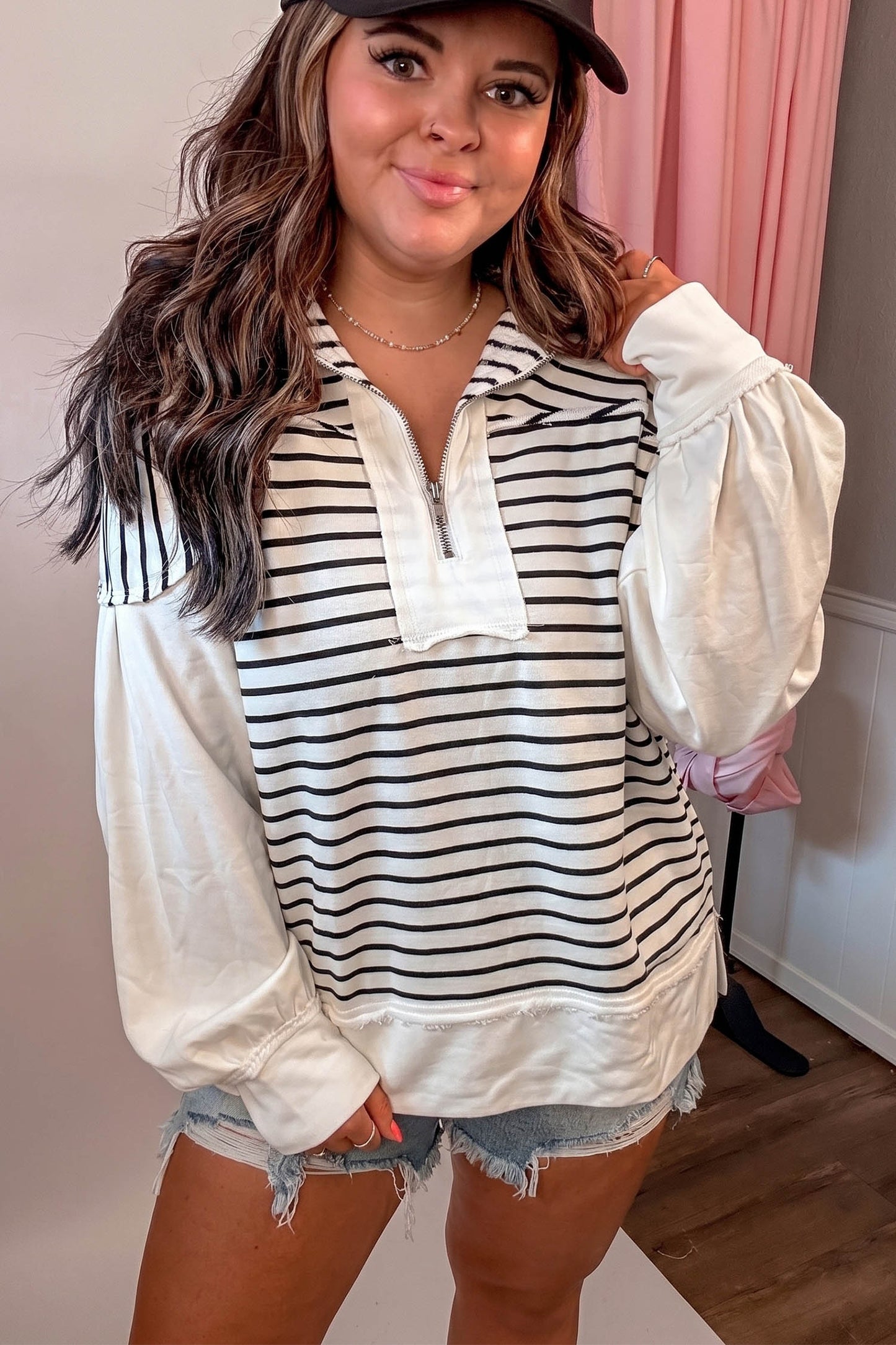 White Stripe Striped Colorblock V Neck Long Sleeve Shift Plus Size Blouse